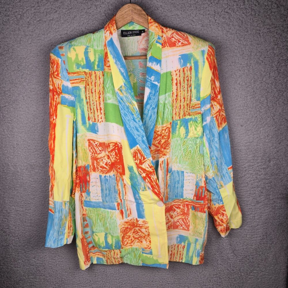 Ellen Figg Vintage Womens Blazer Jacket 6 Multicolor Abstract Art Patchwork 80s